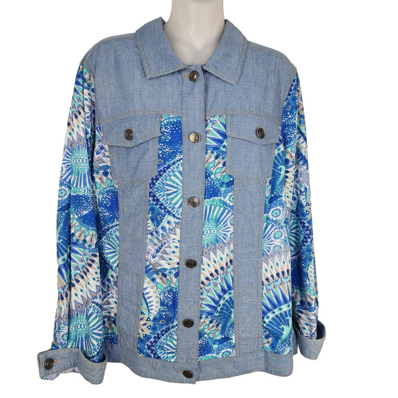 Chicos Jacket Women Size 2 Large Fanciful Watercolor Pieced Blue Chambray Button - Picture 1 of 12